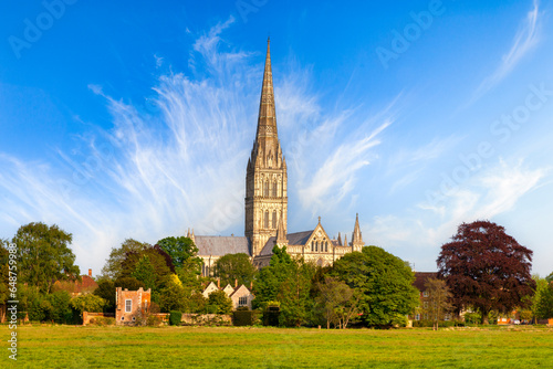 Salisbury Cathedral, believed by many to be the most beautiful building in England, on a fine spring day. It was built between 1310 and 1330, and has the tallest church spire in the UK.