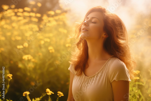eine Frau mit geschlossenen Augen im Blumenfeld, goldenes Licht, a woman with closed eyes in flower field, golden light