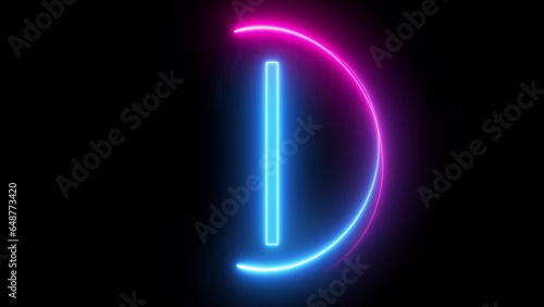 Neon light alphabet character D font with a glossy glass effect with shining highlights in a stencil font isolated on a black background.