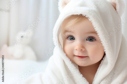 Happy baby wearing white hooded towel sitting on the bed after bath