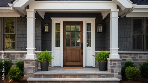 Main entrance door in house. Wooden front door with gabled porch and landing. Exterior of georgian style home cottage with columns and stone cladding. generative AI