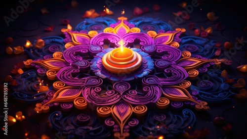 Colorful Rangoli Indian art flower with candle light flame in Diwali festival background