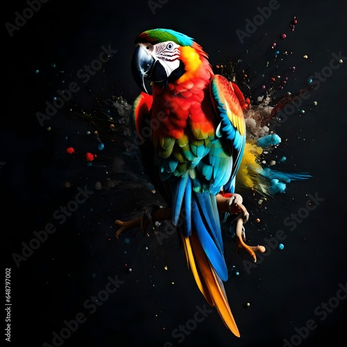 red and yellow macaw, Creative Idea splash of color becoming a parrot on black background