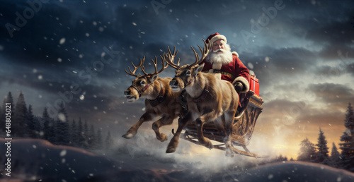 Santa in his sleigh on background dark forest. Generative AI