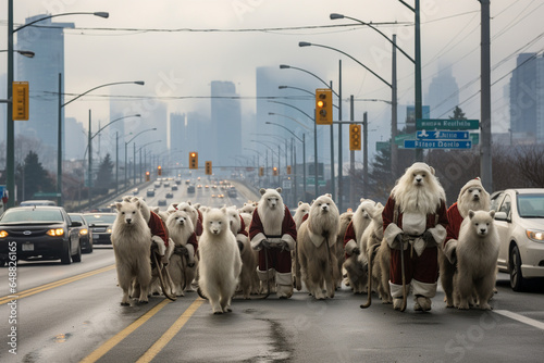 photo of Santa's reindeer lined up in front of a city crosswalk, waiting for the green light as if they were commuters in a hurry.
