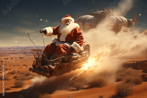 photo of Santa Claus descending from a UFO sleigh instead of a traditional sleigh, in a desert landscape.