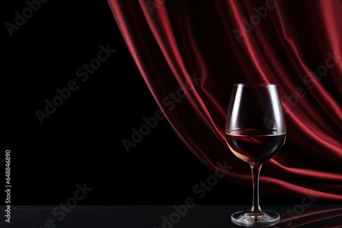 A glass of red wine and a silk curtain on a black background