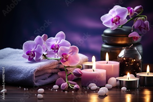 Beauty treatment and wellness background with massage stone, orchid flowers, towels and burning candles, high