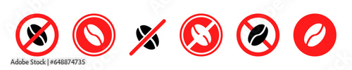 Set of no caffeine vector icons. Decaffeinated drink. Red prohibition labels with no caffeine. Vector 10 Eps.