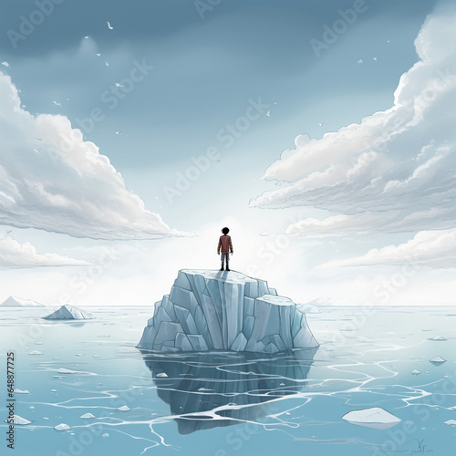 homme seul sur un iceberg en mer, concept du changement climatique, concept du réchauffement climatique - IA Generative