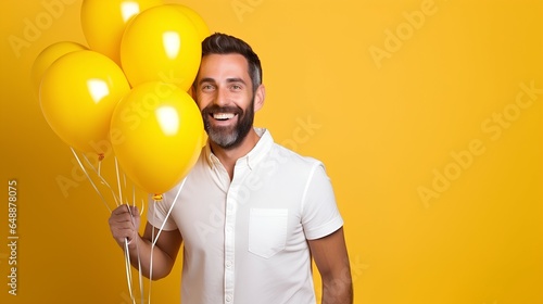 handsome man holds and looks at helium balloons ai generated