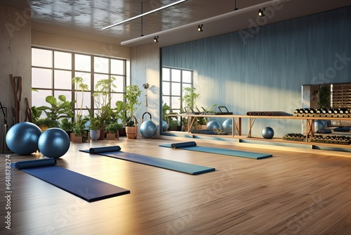 Modern yoga gym interior with unrolled yoga mats equipment, Sports gym exercises, Healthy lifestyle