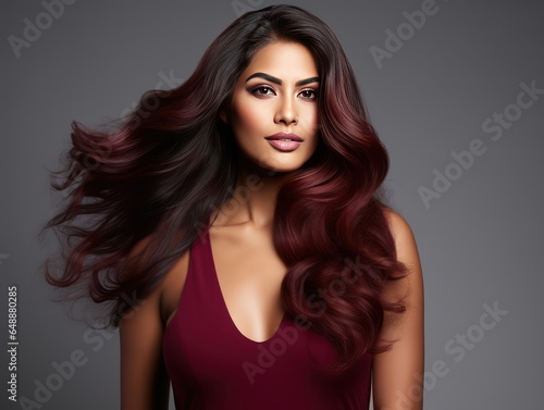 Lustrous hair color by Indian beauty on white background