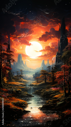 Abstract fantasy landscape with a lovely sun, inspiration for an album cover or playlist tile.