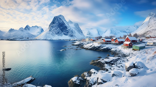 Horizontal shot of a shore town with red houses near a sea and a snowy mountain. Generative Ai
