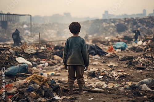 The poor little boy is standing on a smoking dump on the outskirts. Poverty and environmental pollution concept.