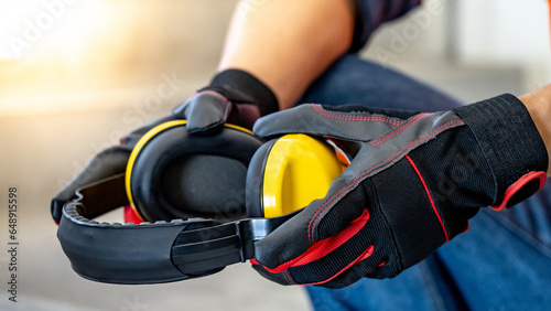 Male worker hand with black and red protective gloves holding yellow safety ear muffs or ear protectors preparing to wear on his head. Equipment for high noise reduction