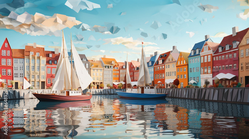 Paper art and craft design with river and sailboat in Copenhagen Denmark. Created using generative AI.