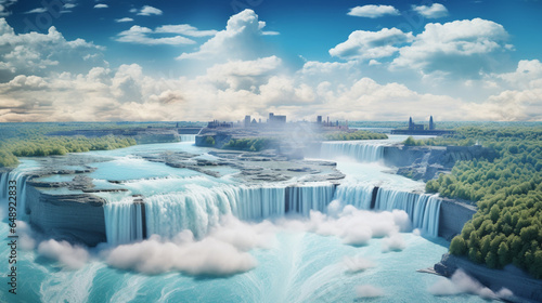 Morning time with the fog in Niagara falls New york wallpaper in paper art and craft design concept and animation. Created using generative AI.