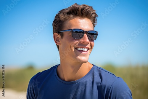 Portrait of a Fictional Male Model Wearing Sunglasses and Smiling Outside. Generative AI.