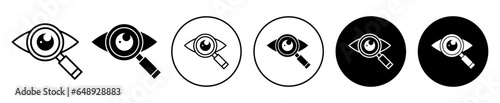 ophthalmology icon. Human eye sight inspection by optician symbol. Eye ball lens for clear view vector.