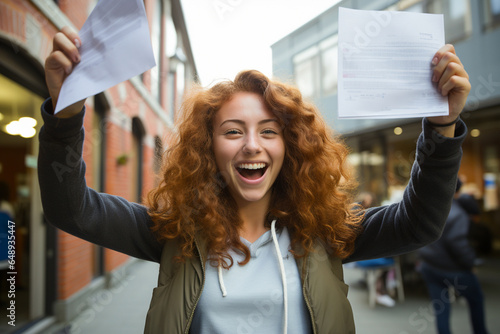 triumphant photo of a student holding an exam paper with high marks, showcasing academic excellence
