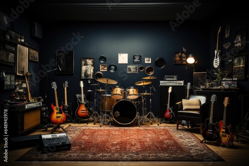 Rehearsal space for rock music band, drum set, guitars, amplifiers
