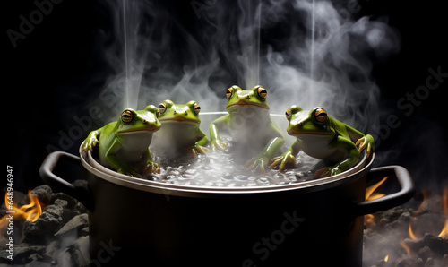 A group of calm frogs boiling in a pot with very hot water, emitting steam to represent inactivity and passivity in the face of challenging social and political situations. Dark background.