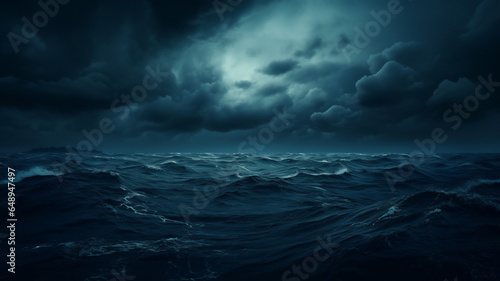 A dark and dramatic ocean scene with waves and clouds. Wide view of the ocean, with the sky covered with stormy clouds for an epic background or wallpaper