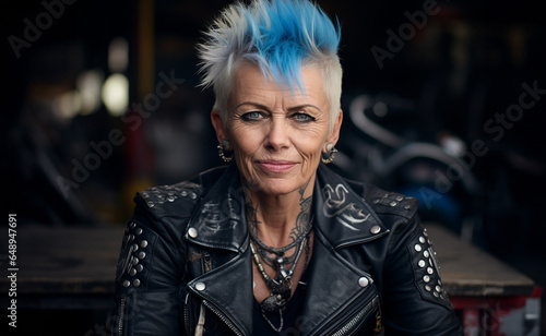 A mature lady with a young spirit and a rebellious punk style: spiky white hair with a blue streak, studded leather jacket, smiling and defiant gaze on a dark background