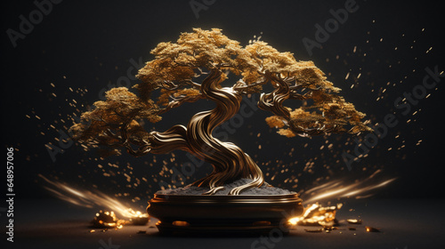 tradycyjne japońskie miniaturowe złote drzewko szczęścia bonsai na czarnym tle - traditional japanese miniature golden lucky tree bonsai on black background - AI Generated