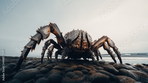  Spider crab alien like monster emerging from the ocean depths, impossibly grotesque with far too many spiked legs, genetically modified creepy crustacean arachnid hybrid deformed creature.