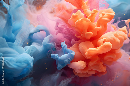 blue water mixed with pink and orange dye, in the style of surrealistic elements, photorealistic pastiche, colorful explosions