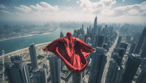 Photo of a person in a red wingsuit flying over a city