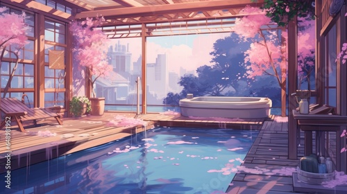 Anime-style illustration of a beautiful outdoor bath house