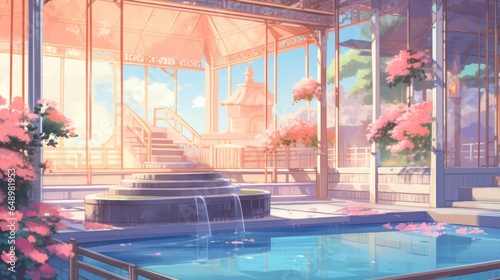 Anime-style illustration of a beautiful outdoor bath house