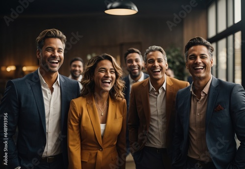 Successful business team laughing while standing together