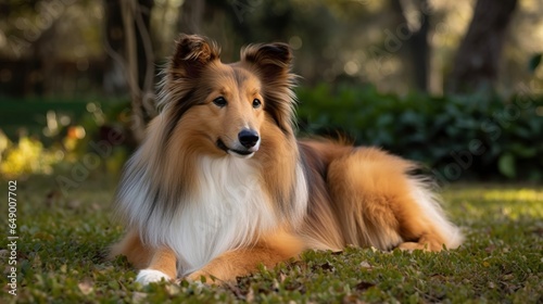 playful australian shepherd dog, shetland sheepdog in the park, in the yard, on grass