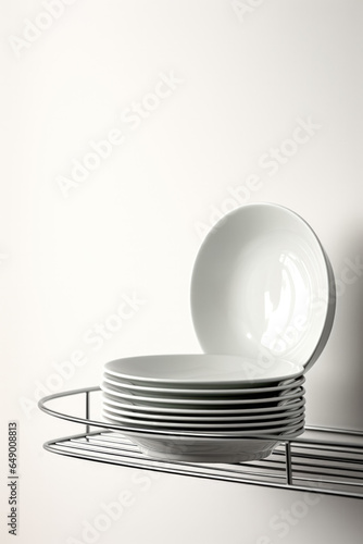 Abstract bent wire dish rack on white minimalist elegance background with empty space for text 