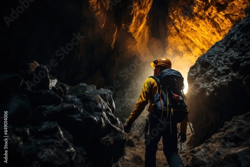 A man is seen walking through a cave with a backpack. This image can be used to depict exploration, adventure, hiking, or spelunking.