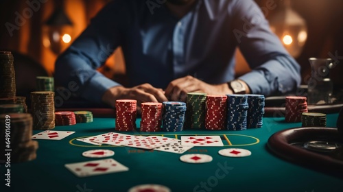 High Stakes Drama: Closeup on Poker Players' Hands. Generative ai