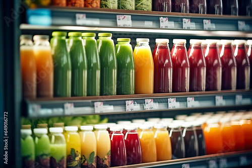A colorful assortment of juices in a display case