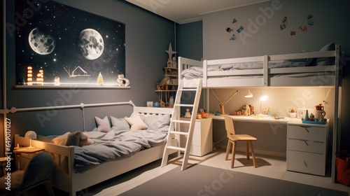 A child's bedroom with a bunk bed and desk