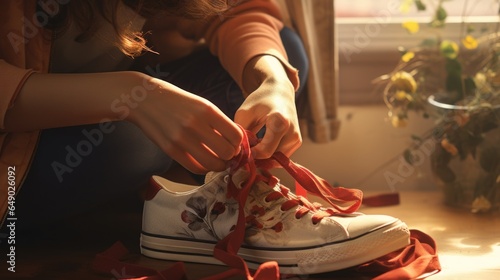 A woman tying up a pair of shoes