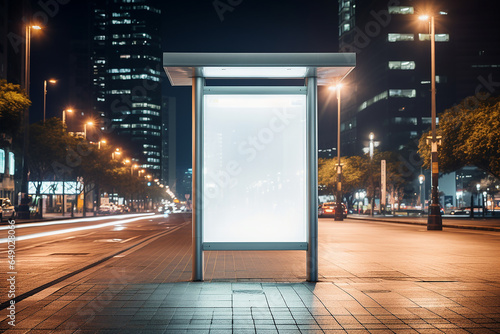 Blank white vertical digital billboard poster on city street bus stop sign at night