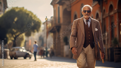 Senior grandpa wearing a fashionable suit in a side walk of Rome, standing full body portrait