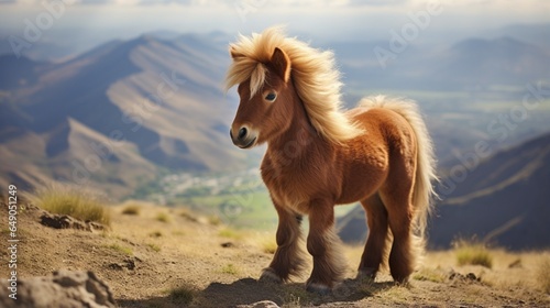 miniature horse with a luxurious mane standing proudly on a hill with a panoramic view.