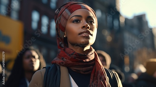 A dedicated activist with a headscarf wrapped around her head neatly. Her assertive gaze and ardent speeches signify a strength that transcends cultural boundaries in the pursuit of justice