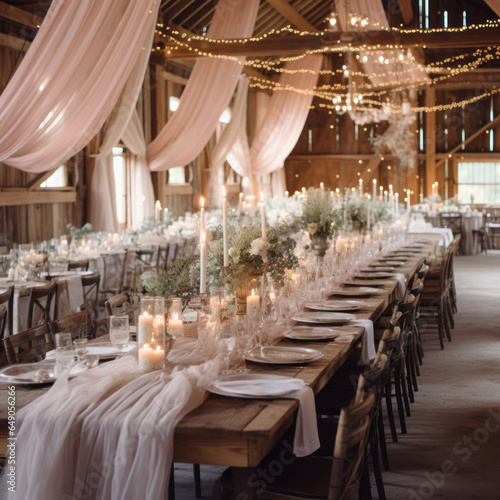 Styled Wedding tables in pale pink and soft whites with rustic wooden furniture