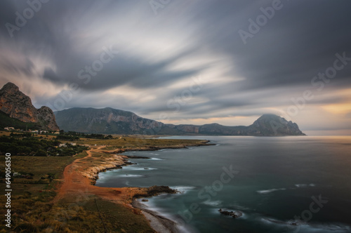 View from Macari viewpoint in Sicily near San Vito Lo Capo, Trapani Sicily. Sunset time, long exposure picture. June 2023